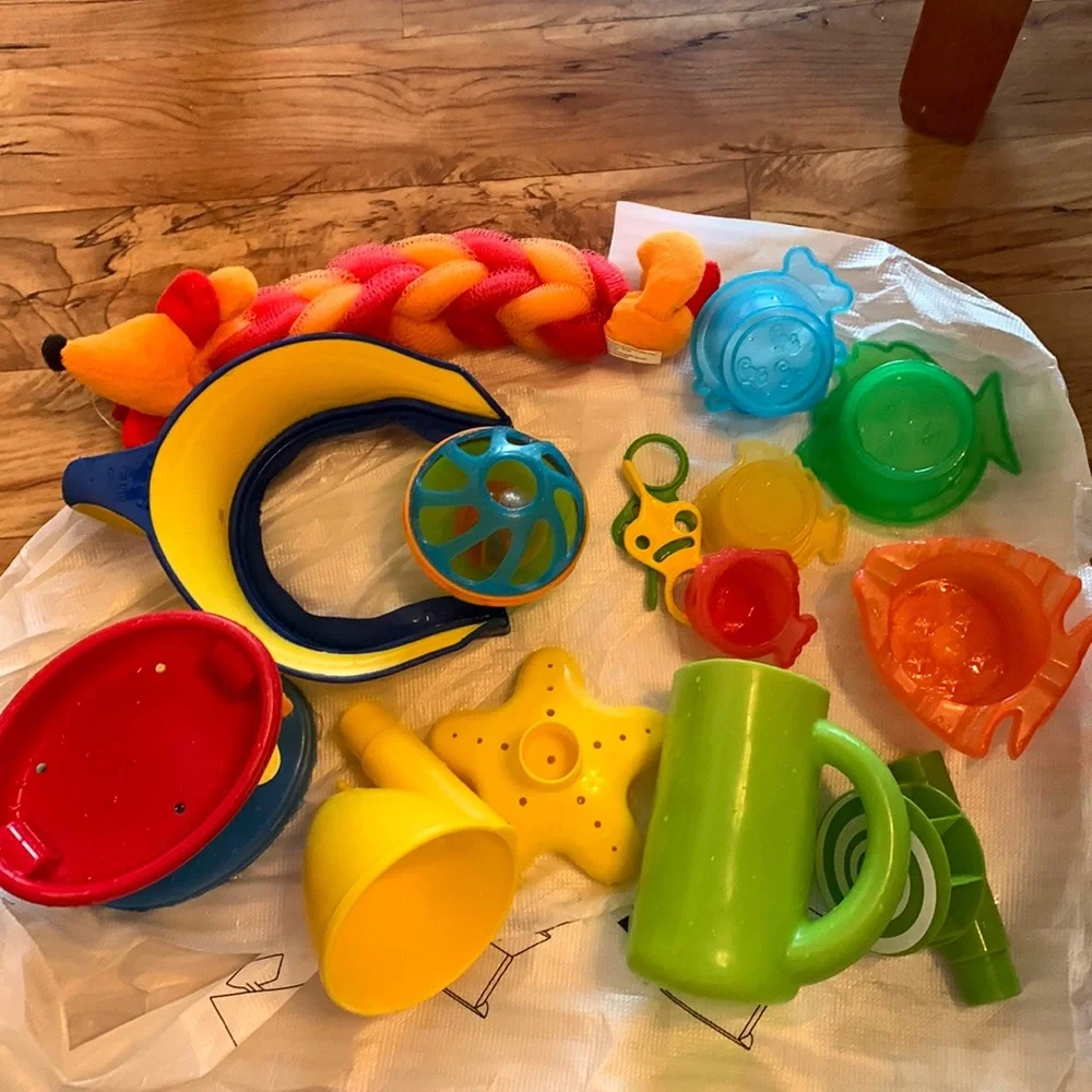 Lot of colorful toddler baby bath sand water table toys hair washing learning